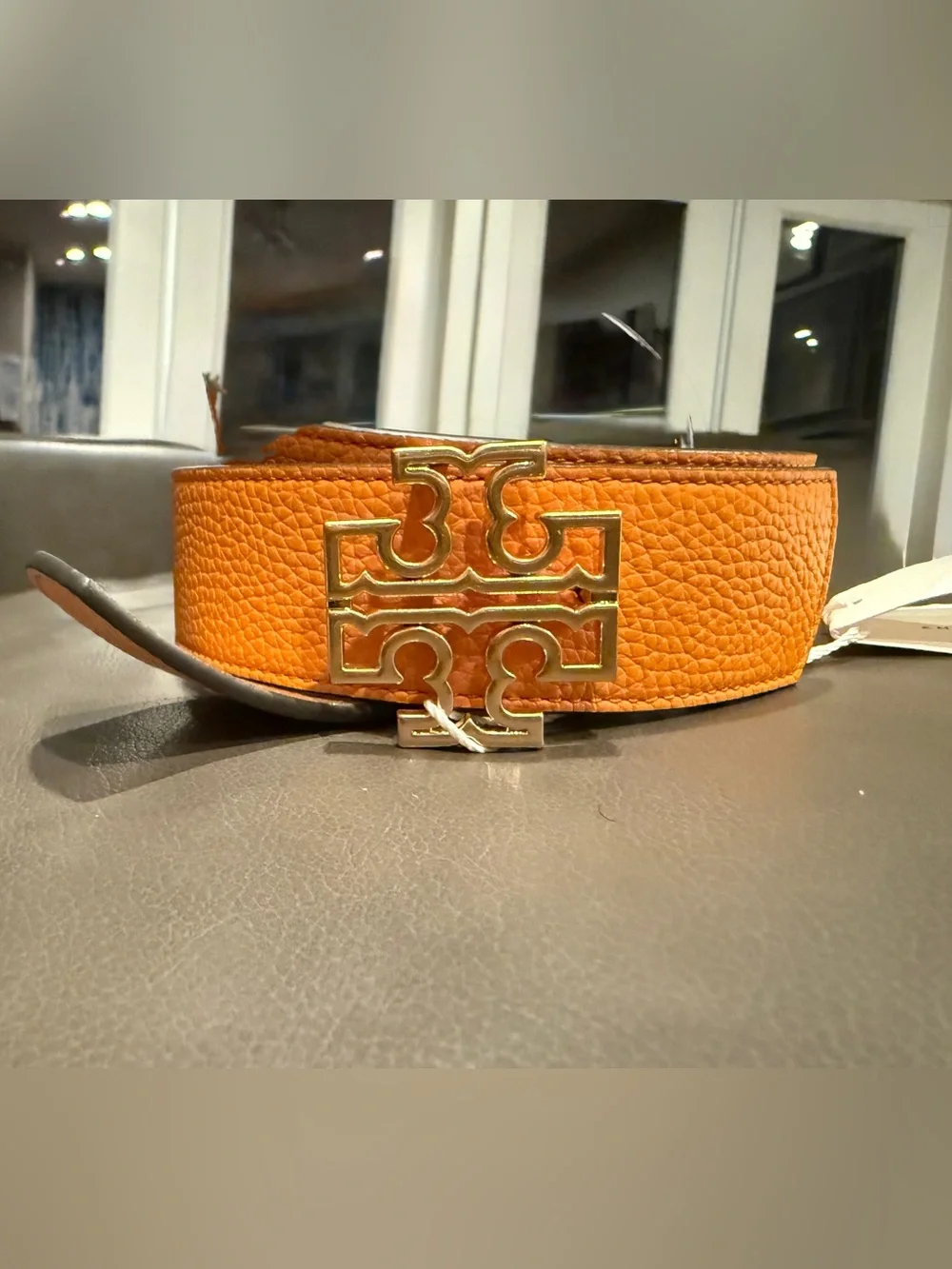 NWT Tory Burch Reversible Britten Leather Belt 1.5” XS Orange Citrine Moose Gold